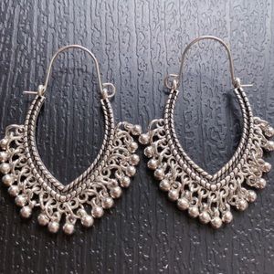 Silver Beaded Teardrop Earrings, Boho Beads Fringe Dangle Earrings